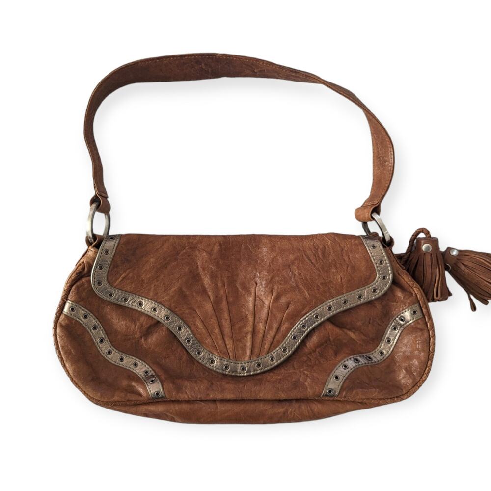 Chestnut leather purse handbag with metallic trim